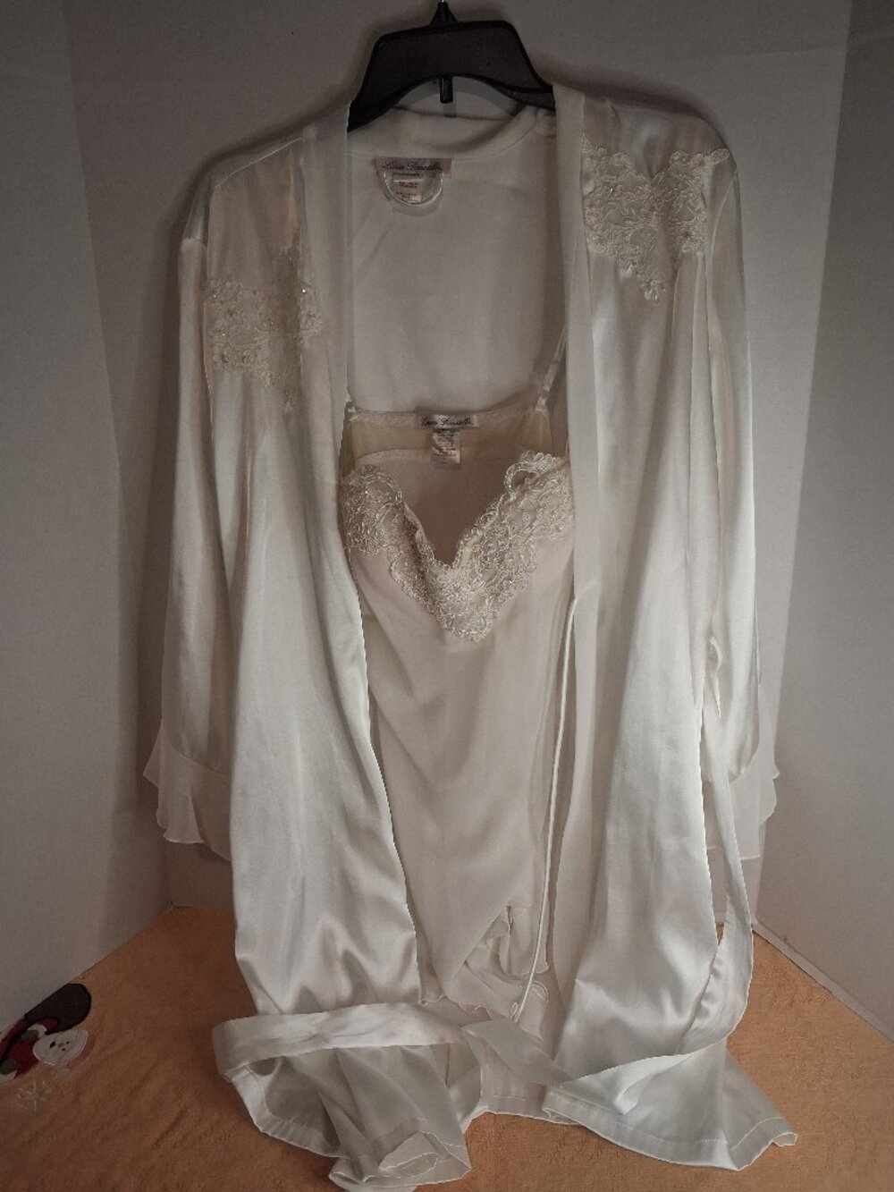 Vtg Linea Donatella Bridal Peignoir Set L White Satin Pearl Beaded Robe Gown